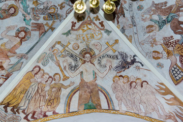 Christ with two swords on the judgment day, an old fresco painting