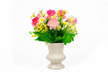 Multicolored flowers  in a vase, isolated on white background with clipping path.