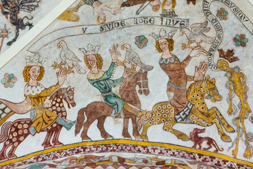 Three brave kings on horses meet the death, an old fresco painting © Stig Alenas
