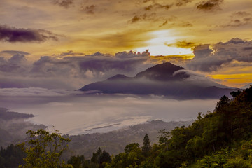 Batur volcano sunrise, Bali, Indonesia. Sunrise serenity mountain landscape