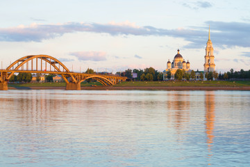 Transfiguration cathedral in the Volga river embankment, July evening. Rybinsk, Russia