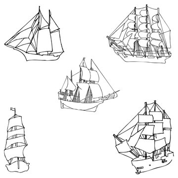 Sailboats. Sketch by hand. Pencil drawing by hand. Vector image. The image is thin lines