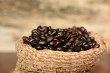 close up of coffee beans on sack