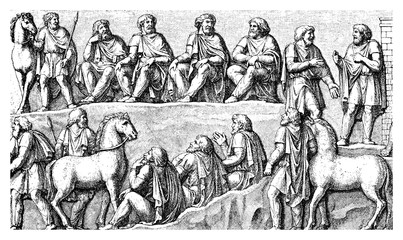 Vintage engraving representing German council of war, scene carved on the victory colunm of Marcus Aurelius in Rome (II century)