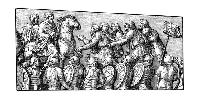 Vintage engraving representing Germans of the Marcomanni tribe begging for mercy to the Roman emperor, scene carved on the victory colunm of Marcus Aurelius in Rome (II century)