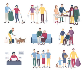 Young volunteers set. Flat vector illustration collection. Help the homeless, scavengery, helping to disabled and elderly people, animals, tree planting. Volunteering concept.