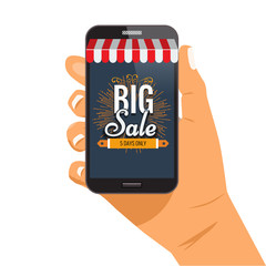 Online shopping sale concept hand holding smartphone vector illustration