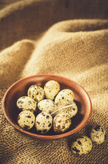 Fresh Organic Quail Eggs in a Ceramic Bowl.