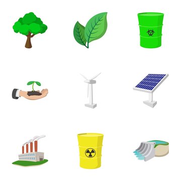 Types of energy icons set, cartoon style