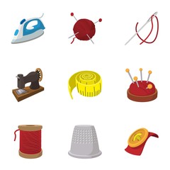Accessories for sewing workshop icons set