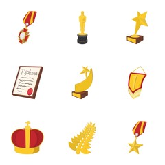 Competition icons set, cartoon style
