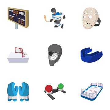 Hockey game icons set, cartoon style