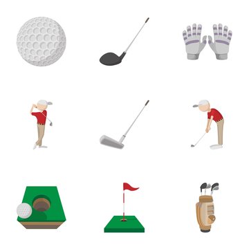 Training golf icons set, cartoon style