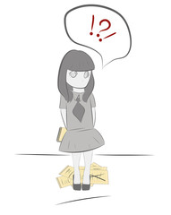 Girl with notebook thinks the idea. the concept of work on the idea. vector illustration.