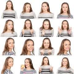 woman portrait isolated over white background. Collage