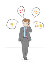 businessman around his head whirling clouds of thought. search ideas concept. vector illustration.
