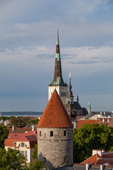 Fototapeta na wymiar Medieval towers an church in old town of Tallinn. Summer green season.