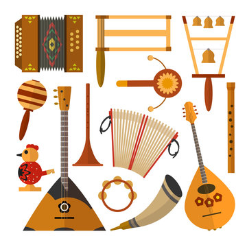 Vector set of Russian folk music instruments in flat style