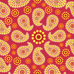 Paisley on a red background. Seamless pattern. Traditional folk pattern with Paisley. Bright, colorful. Design for textiles, wall hangings, wrapping paper.