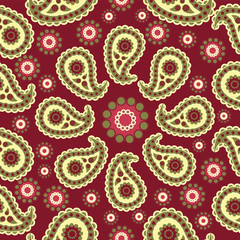 Paisley. Red-brown background. Seamless pattern. Traditional folk pattern with Paisley. Bright, colorful. Design for textiles, wall hangings, wrapping paper.