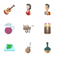 Tourism in Spain icons set, cartoon style
