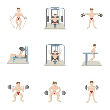 Lose weight at gym icons set, cartoon style