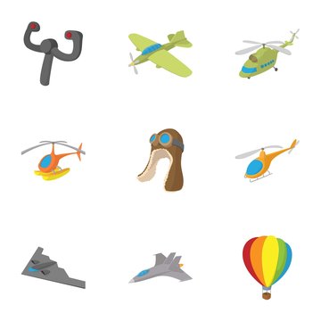 Flying device icons set, cartoon style
