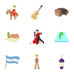 Tourism in Argentina icons set, cartoon style