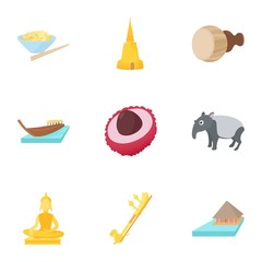 Tourism in Thailand icons set, cartoon style