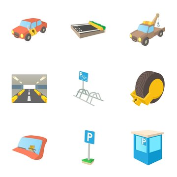 Parking transport icons set, cartoon style