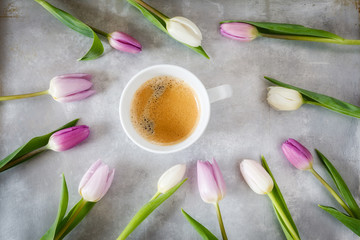 Obraz na płótnie Canvas Weiße und violette Tulpen und Tasse Kaffee auf Metalluntergrund