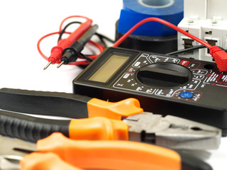 set of electrician tools and equipment on white background, selective focus