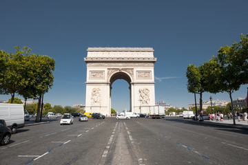Arc De Triomphe Front Street View with Car Traffic in Paris, France. Horizontal