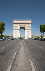 Arc De Triomphe Front Street View with Car Traffic in Paris, France. Vertical