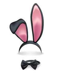 Black rabbit ears and black bow tie isolated on white background. Vector illustration.