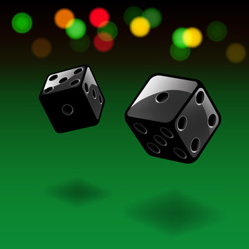 Dice gambling background. Black cubes with lights on green background. Vector illustration.