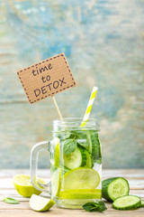 infused detox water with cucumber, lime and mint for diet healthy eating and weight loss with space for a text