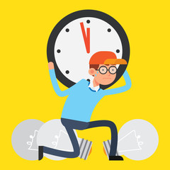 Business character set on work-load theme. Office worker lifting a giant clock representing deadlines - 140172469