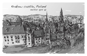 Sketch city scape Poland Krakow castle towers, free hand draw illustration vector