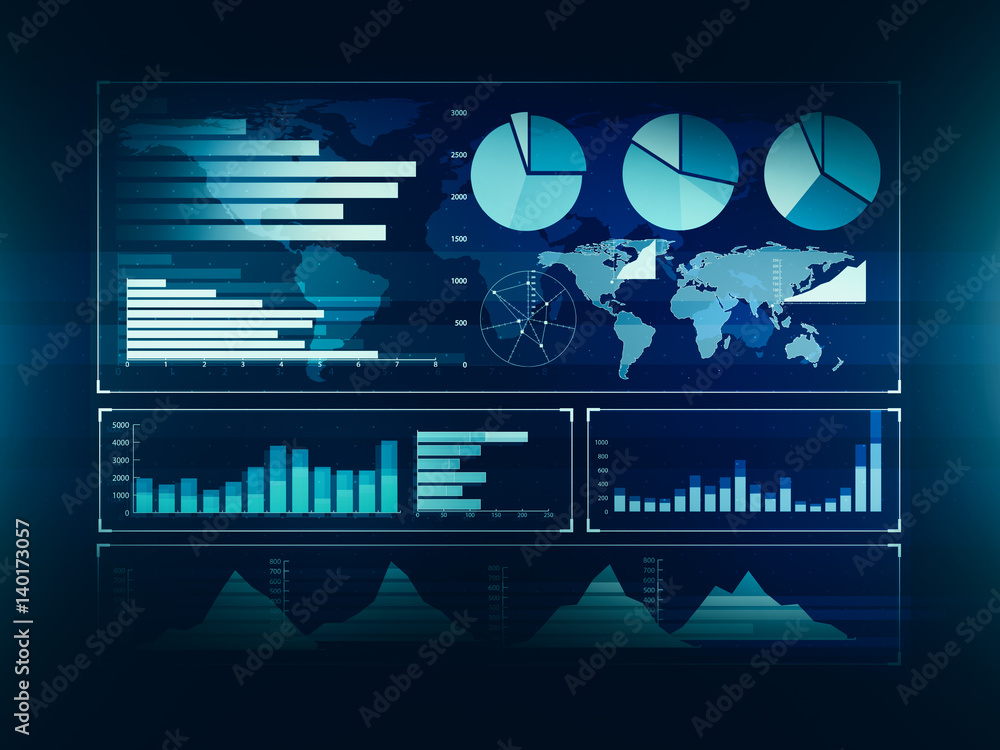Poster chart with uptrend line graph, bar chart and diagram on dark blue background