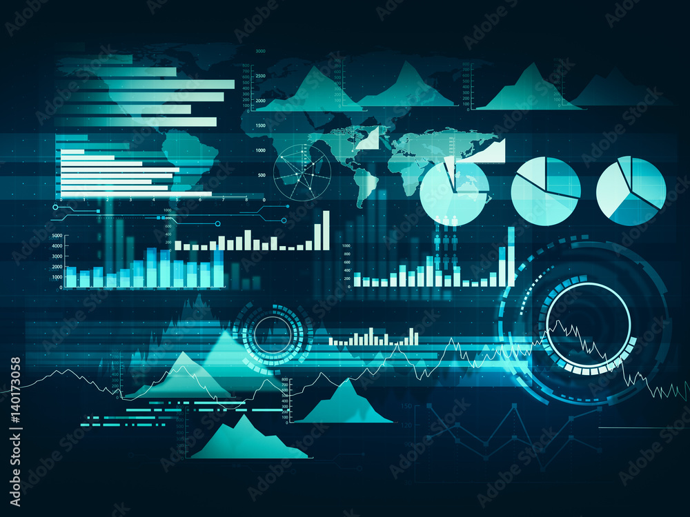 Poster chart with uptrend line graph, bar chart and diagram on dark blue background