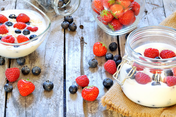 White yogurt in a bowl with oatmeal, blueberries, raspberries and strawberries