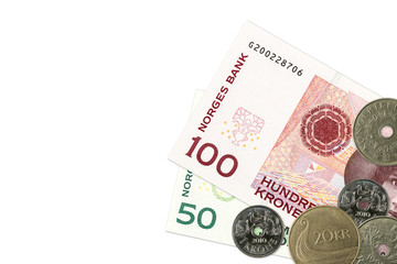 two norwegian krone bank notes and coins