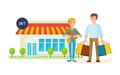 Young couple after shopping at the mall, on city street.