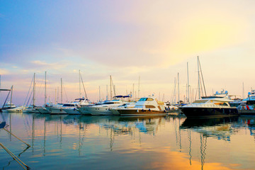 A beautiful view of the sea. Sea coast. Port with a large number of ships