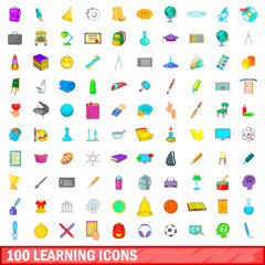 100 learning icons set, cartoon style