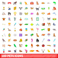 100 pets icons set, cartoon style