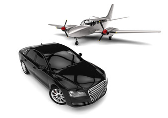 Private jet with a Luxury Car / 3D render image representing an private jet and a luxury car 