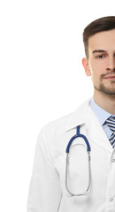Fototapeta premium Handsome young doctor with stethoscope on white background