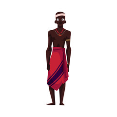 Native aborigine man from African tribe in loincloth and bead necklace, cartoon vector illustration isolated on white background. Smiling handsome male African aborigine, full length portrait